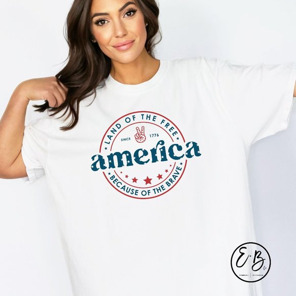 Land of Free Because of the Brave Patriotic American USA July 4th Graphic Tee - Picture 4 of 5